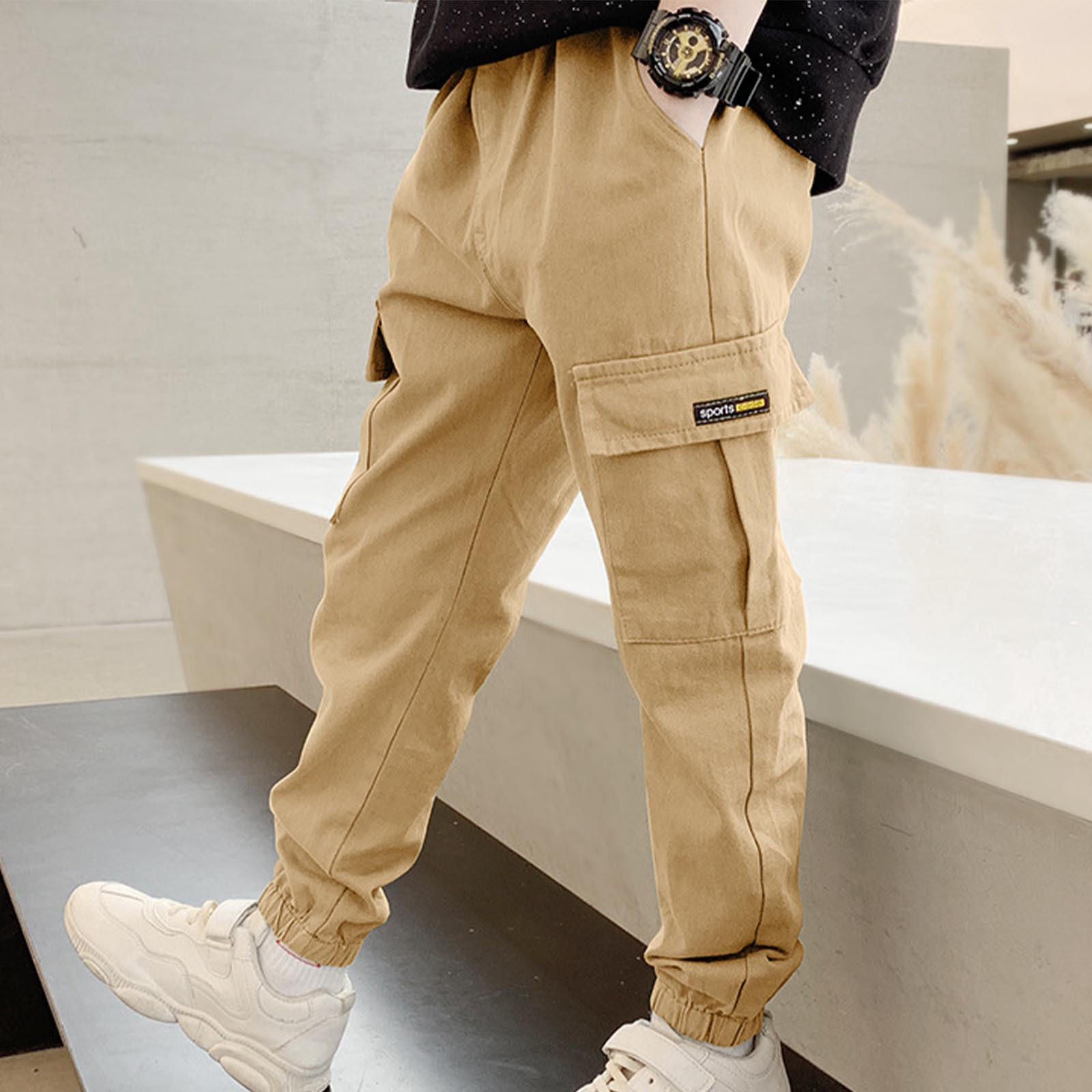 ATOGUTA Boys Sweat Pants Kids Elastic Waist Casual Athletic Jogger Sweatpants Baggy Pants Khaki, Size 8-14